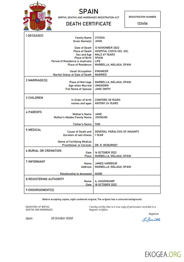 Modèle Word et PDF de certificat de décès en Espagne